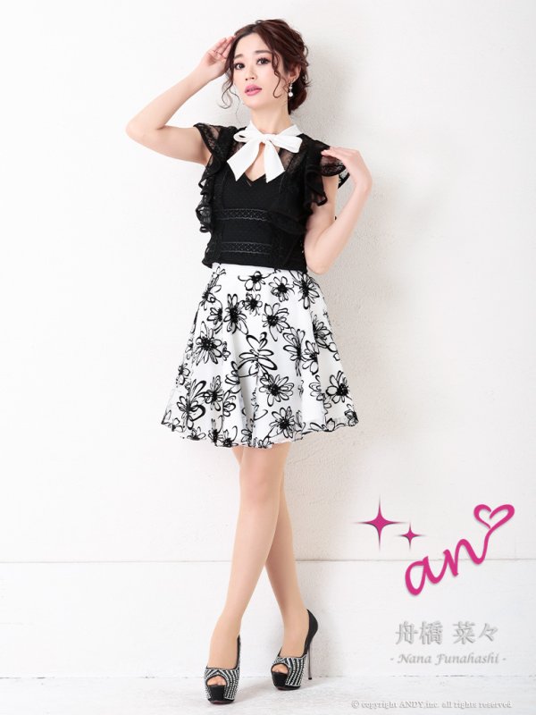 画像2: 【an/アン】フリルデザイン/ リボンネック/ セットアップ/ フレア/ ミニドレス/ キャバドレス[OF05] (2)