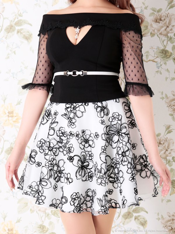 画像15: 【an/アン】オフショル/ 袖あり/ フラワー刺繍/ フレア/ セットアップ/ ミニドレス/ キャバドレス[OF05] (15)