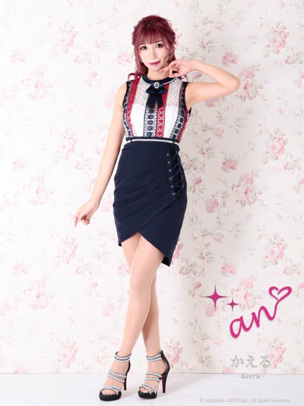 画像16: 【an/アン】トリコロール/ レースデザイン/ アシメスカート/ ミニドレス /キャバドレス[OF05] (16)