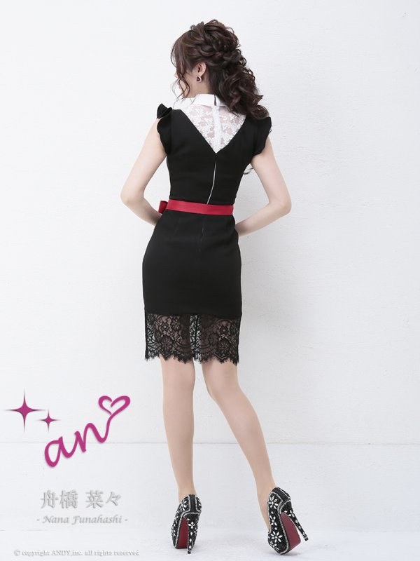 画像4: 【an /アン】ノースリーブ/ ショルダーフリル/ ウエストリボン/ フラワー刺繍レース/ ネックデザイン/ タイト/ ミニドレス/ キャバドレス[OF05] (4)