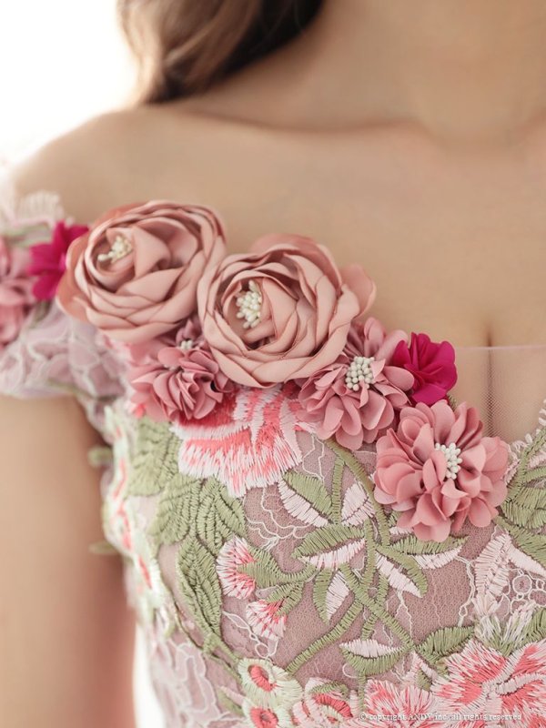 画像6: 【couture an】マーメイド/フラワー刺繍 /オフショル/ケミカルレース /ミディアムドレス /ショートインロング/キャバドレス long[OF05] (6)