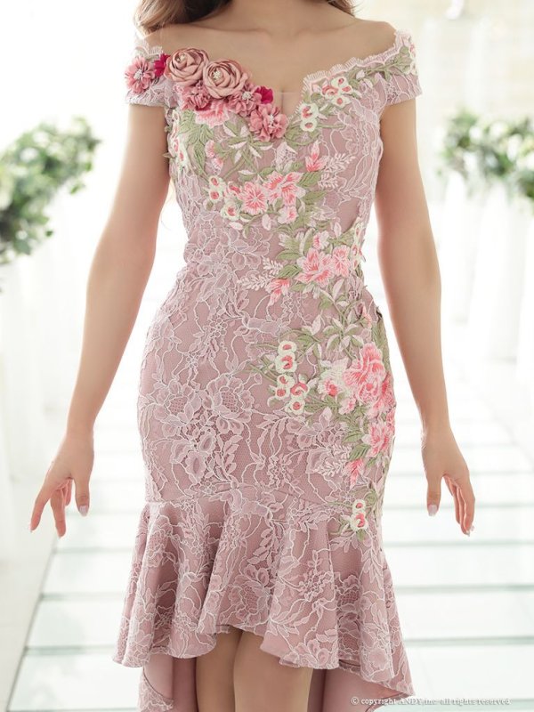 画像5: 【couture an】マーメイド/フラワー刺繍 /オフショル/ケミカルレース /ミディアムドレス /ショートインロング/キャバドレス long[OF05] (5)