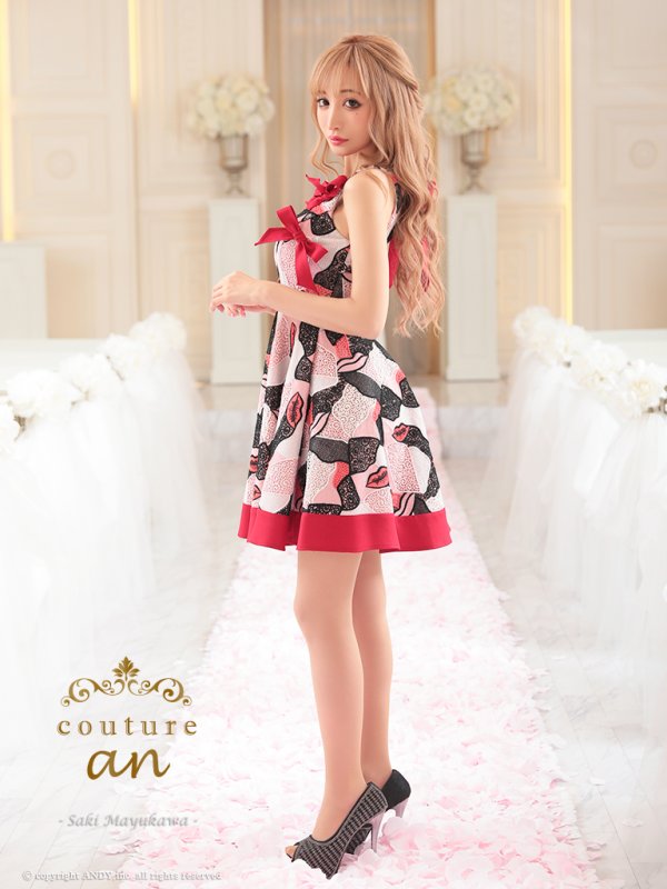 画像3: 【couture an】リボンデザイン/ リップモチーフ/ ベルト付き/ フレア/ミニドレス /キャバドレス[FB03] (3)