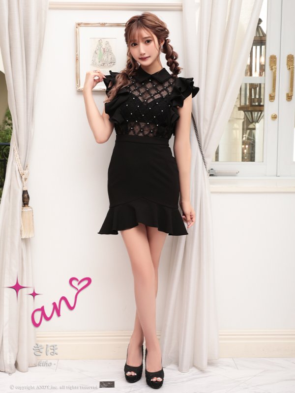 画像23: 【an/アン】マーメイド/ 襟付き/ フリルデザイン/ シアー/ クロスレース/ タイト/ ミニドレス/ キャバドレス[OF05] (23)