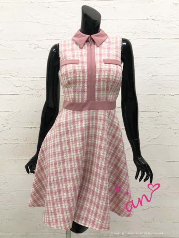 【an/アン】ツイード/ 襟付き/ ジップ/ ラインデザイン/ ノースリーブ/ フレア/ ミニドレス/ キャバドレス　ピンク