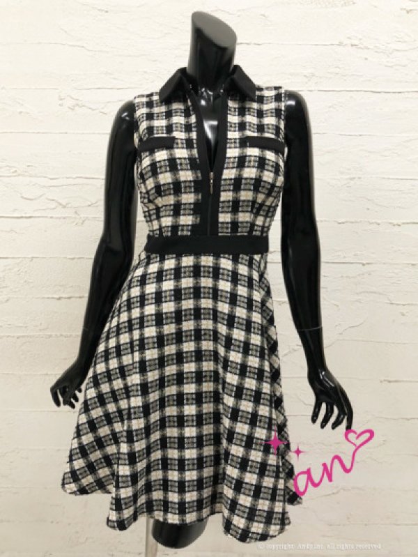 【an/アン】ツイード/ 襟付き/ ジップ/ ラインデザイン/ ノースリーブ/ フレア/ ミニドレス/ キャバドレス　ブラック