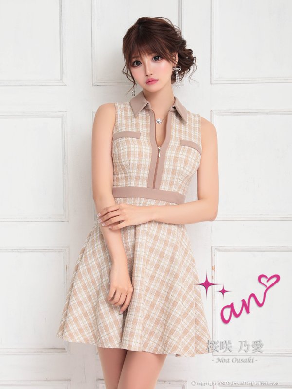 画像2: 【an/アン】ツイード/ 襟付き/ ジップ/ ラインデザイン/ ノースリーブ/ フレア/ ミニドレス/ キャバドレス[OF05] (2)