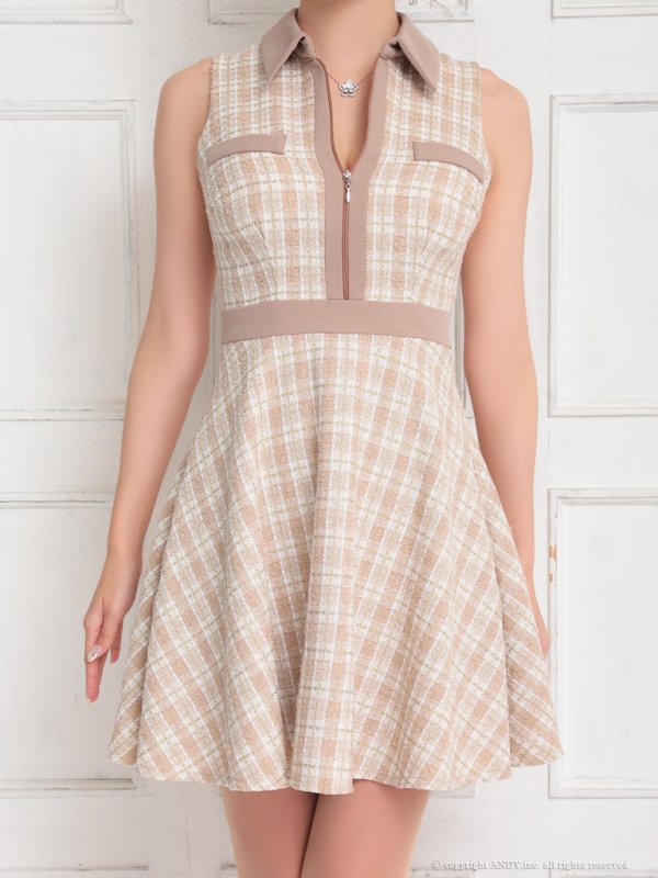 画像20: 【an/アン】ツイード/ 襟付き/ ジップ/ ラインデザイン/ ノースリーブ/ フレア/ ミニドレス/ キャバドレス[OF05] (20)