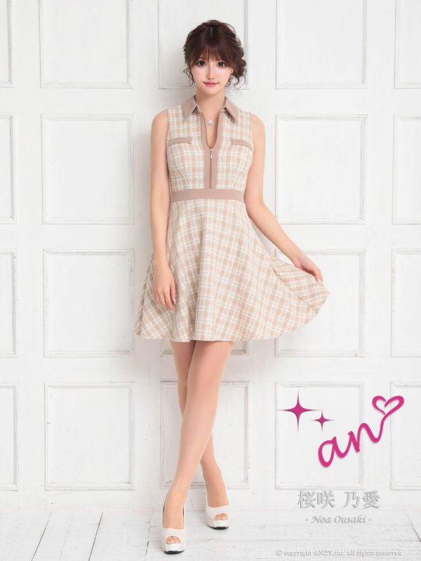 画像3: 【an/アン】ツイード/ 襟付き/ ジップ/ ラインデザイン/ ノースリーブ/ フレア/ ミニドレス/ キャバドレス[OF05] (3)