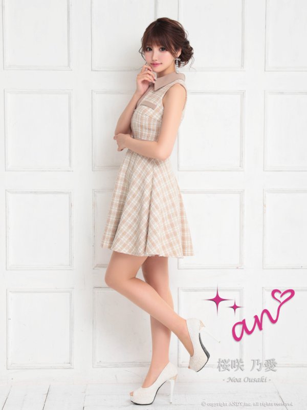 画像4: 【an/アン】ツイード/ 襟付き/ ジップ/ ラインデザイン/ ノースリーブ/ フレア/ ミニドレス/ キャバドレス[OF05] (4)