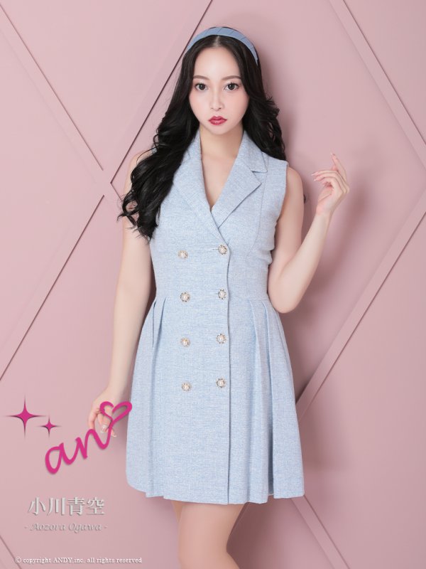 【an/アン】襟付き/ ストレッチ/ パールボタン/ ジャケット風/ ノースリーブ/ プリーツ/ フレア/ ワンピース/ ミニドレス/ キャバドレス ブルー