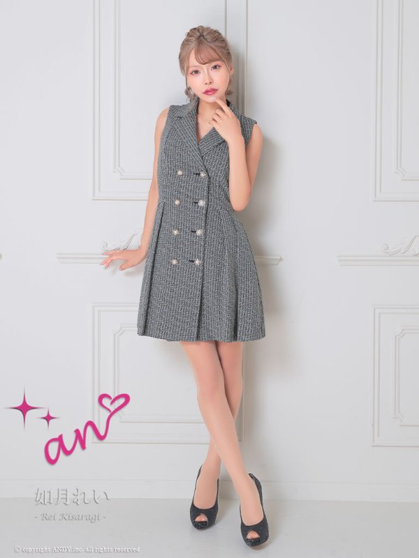 画像45: 【an/アン】襟付き/ ストレッチ/ パールボタン/ ジャケット風/ ノースリーブ/ プリーツ/ フレア/ ワンピース/ ミニドレス/ キャバドレス[OF05] (45)