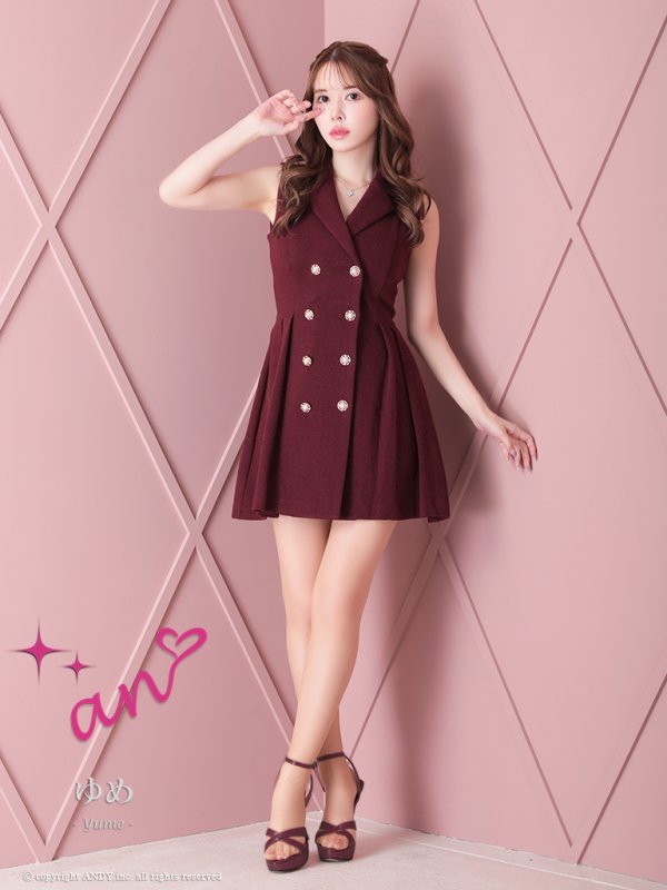 画像9: 【an/アン】襟付き/ ストレッチ/ パールボタン/ ジャケット風/ ノースリーブ/ プリーツ/ フレア/ ワンピース/ ミニドレス/ キャバドレス[OF05] (9)