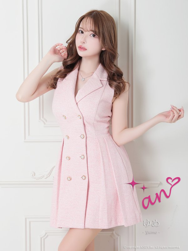 【an/アン】襟付き/ ストレッチ/ パールボタン/ ジャケット風/ ノースリーブ/ プリーツ/ フレア/ ワンピース/ ミニドレス/ キャバドレス ピンク