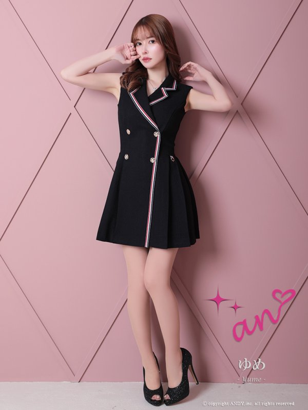 画像9: 【an/アン】襟付き/ トリコロールカラー/ マリンカラー/ ジャケット風/ ノースリーブ/ プリーツ/ フレア/ ワンピース/ ミニドレス/ キャバドレス[OF05] (9)