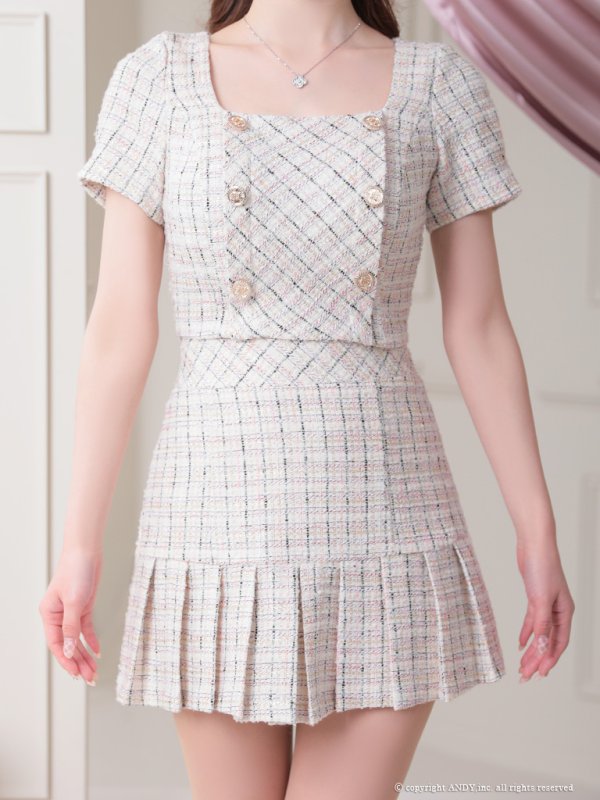 画像12: 【LIMITED SALE開催中！! 11月11日より順次発送予定】sugarオリジナルカラー☆XSサイズあり【an/アン】ミックスツイード/ ボタンデザイン/ 半袖/ 袖あり/ セットアップ/ プリーツ/ ミニドレス/ キャバドレス[OF05] (12)