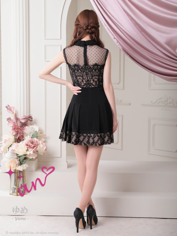 画像5: 【an /アン】襟付き/ ドットチュール/ レース切替/ ノースリーブ/ プリーツ/ フレア/ ミニドレス/ キャバドレス[OF05] (5)