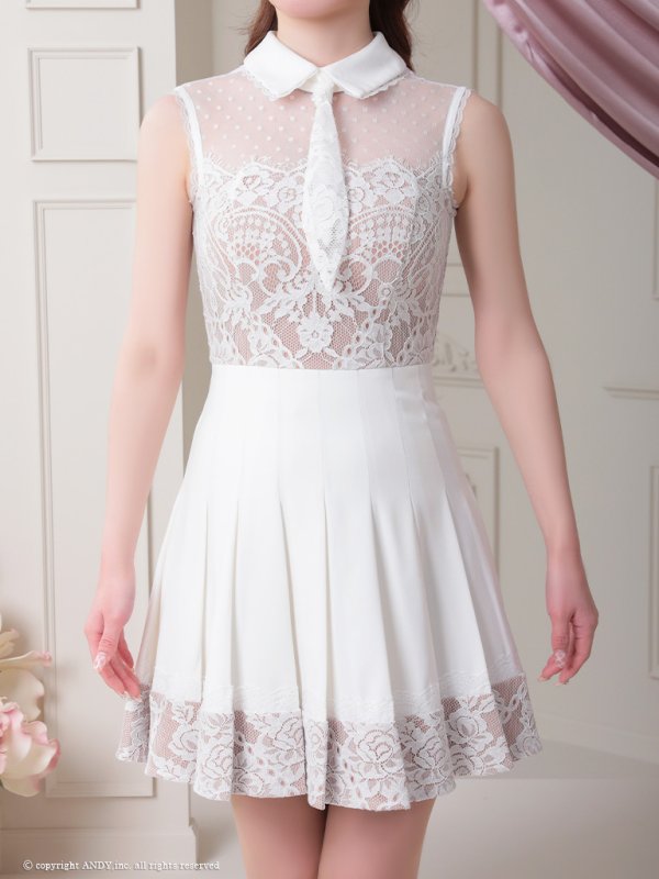 画像22: 【an /アン】襟付き/ ドットチュール/ レース切替/ ノースリーブ/ プリーツ/ フレア/ ミニドレス/ キャバドレス[OF05] (22)