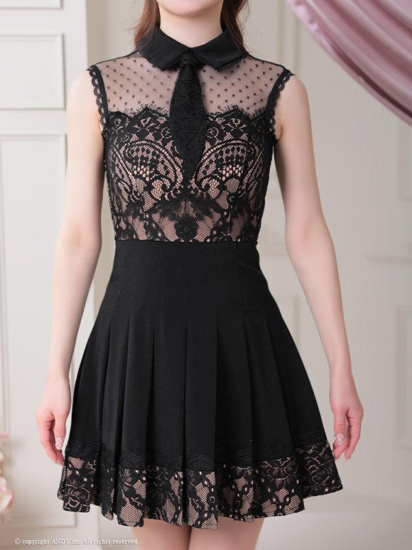 画像6: 【an /アン】襟付き/ ドットチュール/ レース切替/ ノースリーブ/ プリーツ/ フレア/ ミニドレス/ キャバドレス[OF05] (6)