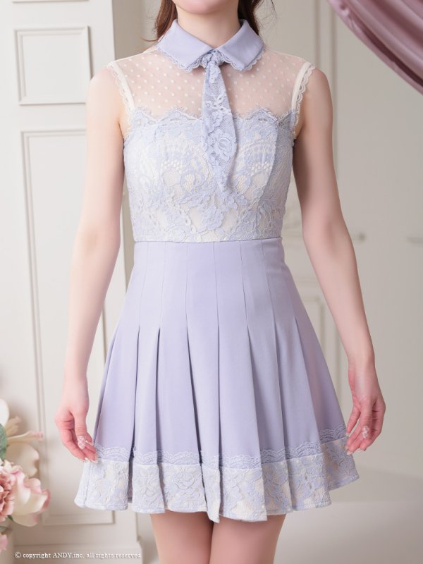 画像14: 【an /アン】襟付き/ ドットチュール/ レース切替/ ノースリーブ/ プリーツ/ フレア/ ミニドレス/ キャバドレス[OF05] (14)