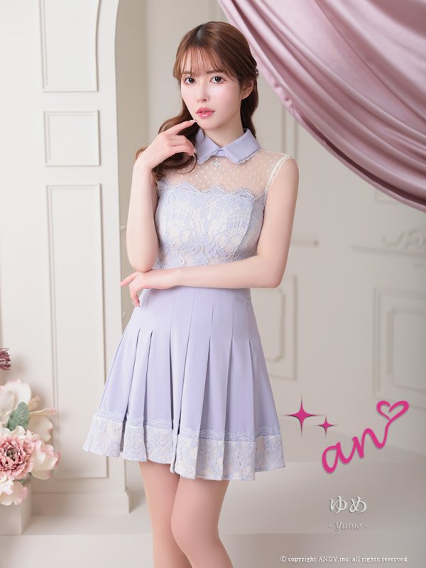 画像10: 【an /アン】襟付き/ ドットチュール/ レース切替/ ノースリーブ/ プリーツ/ フレア/ ミニドレス/ キャバドレス[OF05] (10)