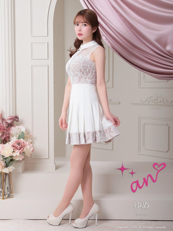 画像20: 【an /アン】襟付き/ ドットチュール/ レース切替/ ノースリーブ/ プリーツ/ フレア/ ミニドレス/ キャバドレス[OF05] (20)