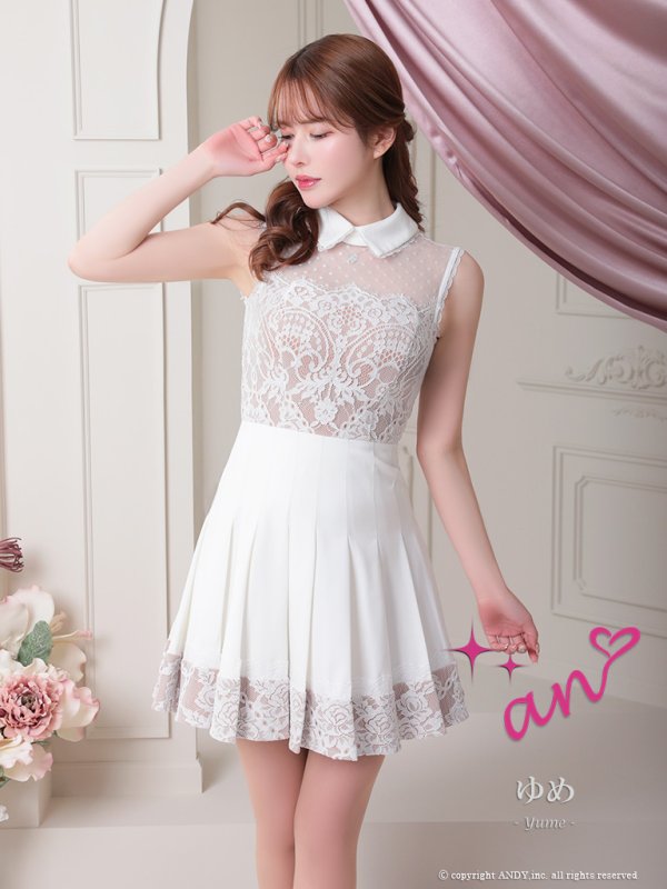 画像18: 【an /アン】襟付き/ ドットチュール/ レース切替/ ノースリーブ/ プリーツ/ フレア/ ミニドレス/ キャバドレス[OF05] (18)