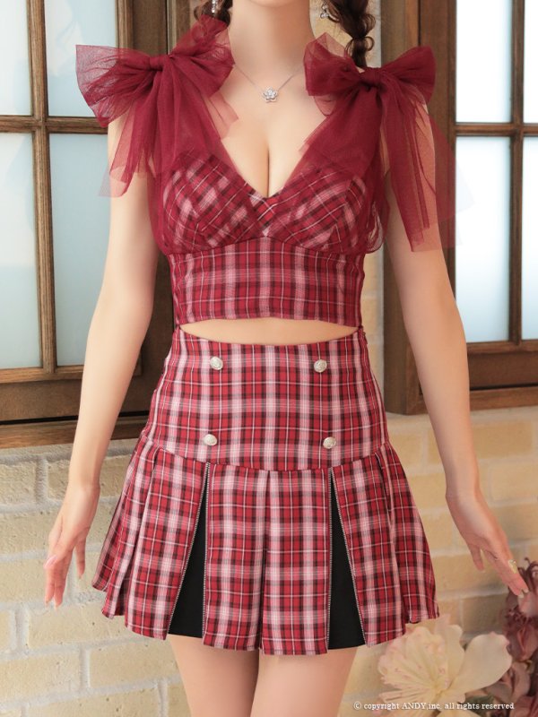 画像14: 【an /アン】チェック柄/ ショルダーリボン/ チュール/ Aライン/ セットアップ/ ミニドレス/ キャバドレス[OF05] (14)