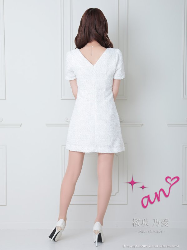 画像4: 【an/アン】ツイード/ ワンカラー/ 襟付き/ 半袖/ パール/ フレア/ ワンピース/ ミニドレス/ キャバドレス[OF05] (4)