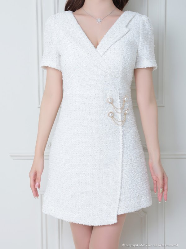 画像5: 【an/アン】ツイード/ ワンカラー/ 襟付き/ 半袖/ パール/ フレア/ ワンピース/ ミニドレス/ キャバドレス[OF05] (5)