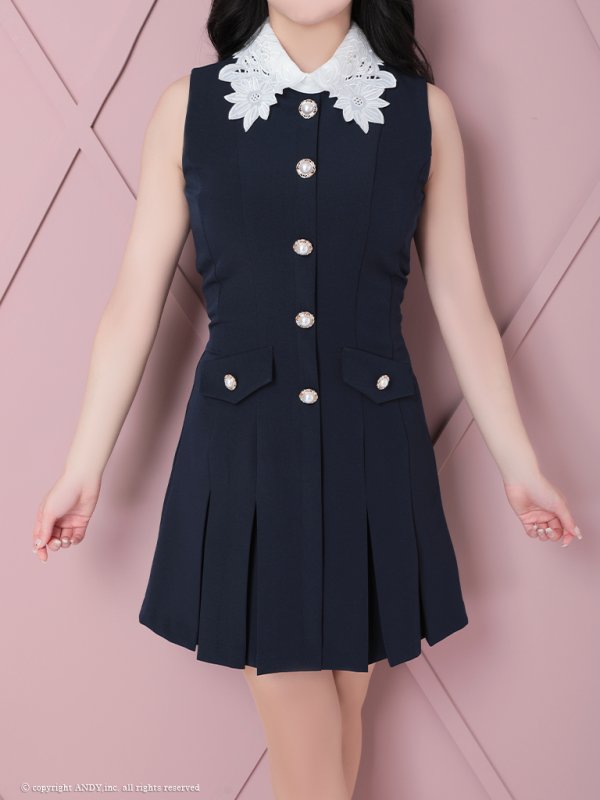 画像32: 【an/アン】刺繍レース襟/ ノースリーブ/ パールボタン/ プリーツ/ フレア/ ワンピース/ ミニドレス/ キャバドレス[OF05] (32)