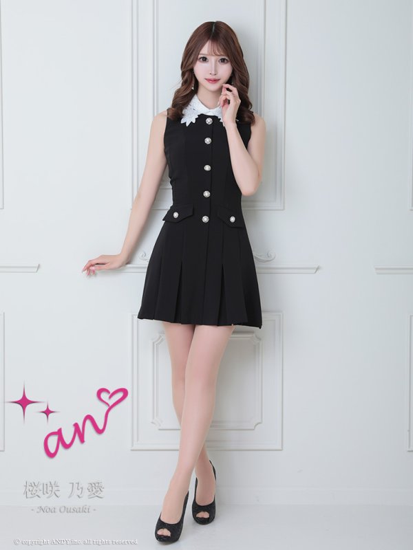 画像2: 【an/アン】刺繍レース襟/ ノースリーブ/ パールボタン/ プリーツ/ フレア/ ワンピース/ ミニドレス/ キャバドレス[OF05] (2)