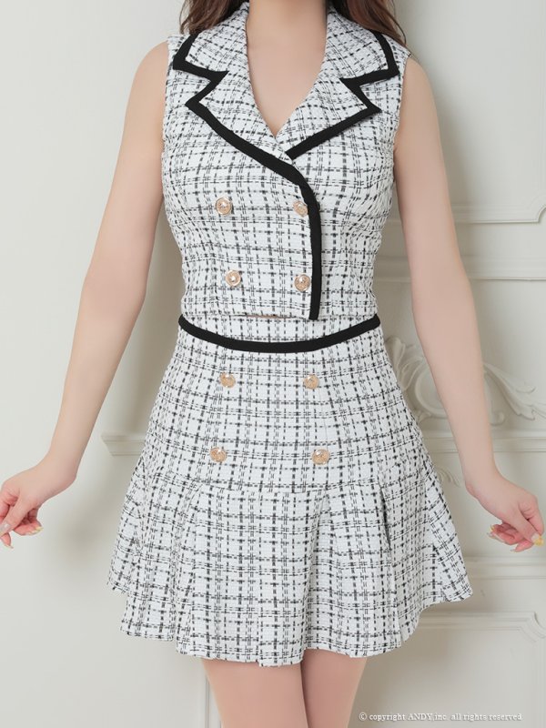 画像12: 【an ANDY Fashion Press 13 COLLECTION 01】チェックツイード/ ジャケット風/ ノースリーブ/ ラインデザイン/ セットアップ/ Aライン/ フレア/ プリーツ/ ミニドレス/ キャバドレス[OF05] (12)