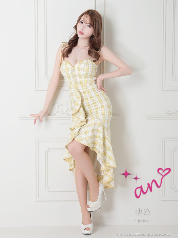 画像2: XSサイズあり【an /アン】チェック柄/ マーメイド/ フリル/ リボンショルダー/ テールカット/ ミディアム丈/ キャバドレス[OF05] (2)