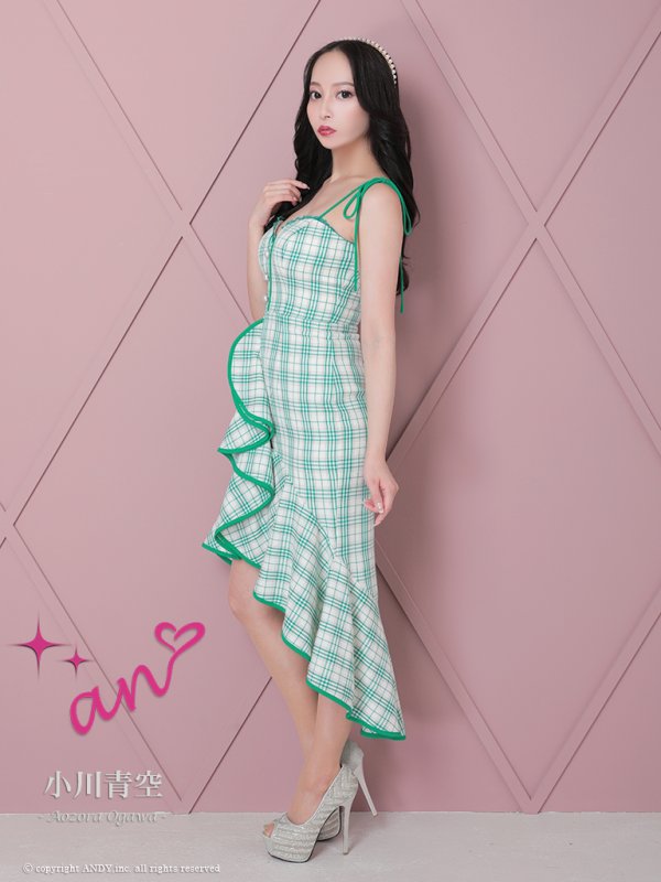 画像19: XSサイズあり【an /アン】チェック柄/ マーメイド/ フリル/ リボンショルダー/ テールカット/ ミディアム丈/ キャバドレス[OF05] (19)