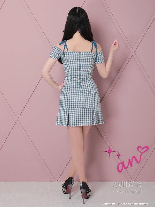 画像7: 【みゆう/関西コレクション着用】【an/アン】ギンガムチェック柄/ オフショルダー/ ショルダーリボン/ パールボタン/ プリーツ/ フレア/ ミニドレス/ キャバドレス[OF05] (7)