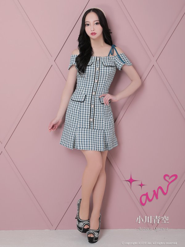 画像5: 【みゆう/関西コレクション着用】【an/アン】ギンガムチェック柄/ オフショルダー/ ショルダーリボン/ パールボタン/ プリーツ/ フレア/ ミニドレス/ キャバドレス[OF05] (5)