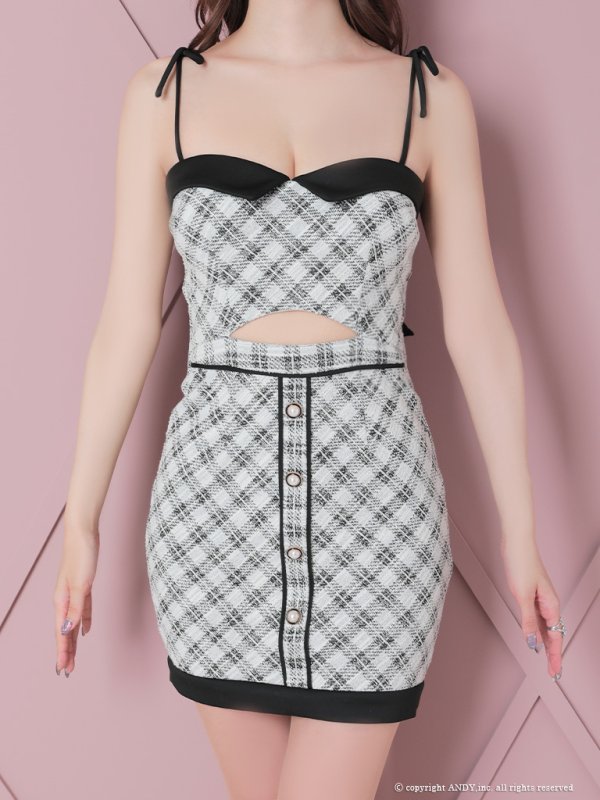 画像5: 【an/アン】ストレッチ/ ツイード / チェック柄/ ベア/ キャミ/ カットアウト/ タイト/ ミニドレス/ キャバドレス[OF05] (5)