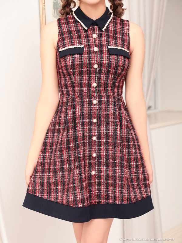 画像5: 【LIMITED SALE開催中！! 11月11日より順次発送予定】【an/アン】ツイード/ チェック/ 襟付き/ チェーンパイピング/ ラインデザイン/ ノースリーブ/ フレア/ ワンピース/ ミニドレス/ キャバドレス[OF05] (5)