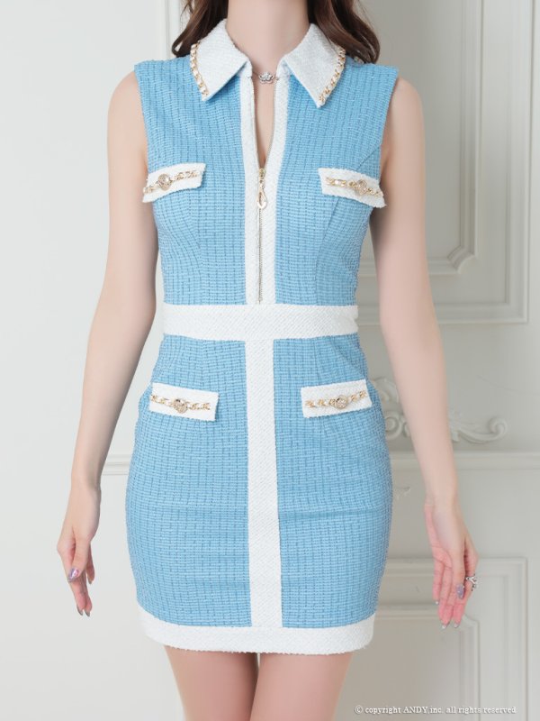 画像13: 【an/アン】ストレッチツイード/ フロントジップ/ 襟付き/ ノースリーブ/ チェーン/ バイカラー/ タイト/ ミニドレス/ キャバドレス[OF05] (13)
