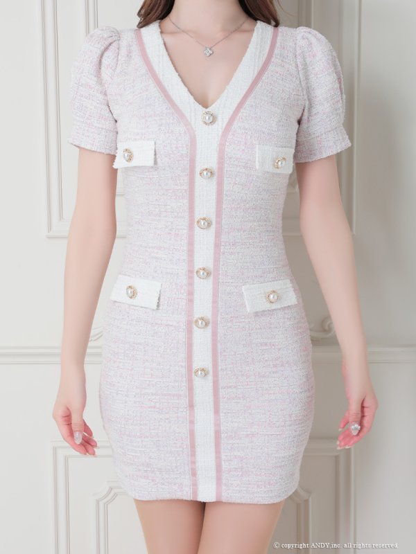 画像13: 【an/アン】ストレッチ/ ミックスツイード/ フロントボタン/ 半袖/ 袖あり/ タイト/ ミニドレス/ キャバドレス[OF05] (13)