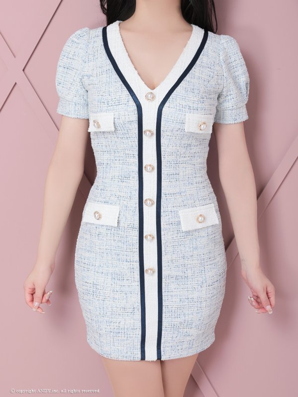 画像21: 【an/アン】ストレッチ/ ミックスツイード/ フロントボタン/ 半袖/ 袖あり/ タイト/ ミニドレス/ キャバドレス[OF05] (21)