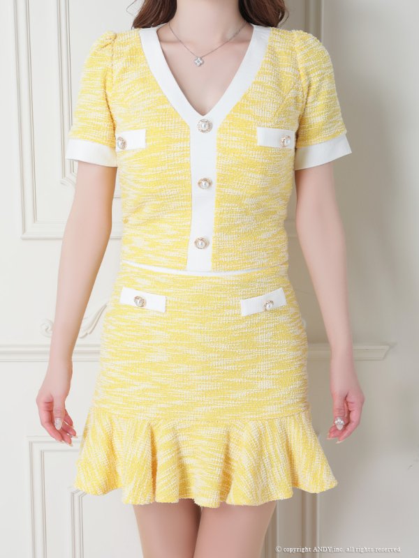 画像6: XSサイズあり【an/アン】ストレッチ/ ツイード/ パイピング/ バイカラー/ ボタン/ フレア/ 裾フリル/ セットアップ/ ミニドレス/ キャバドレス[OF05] (6)