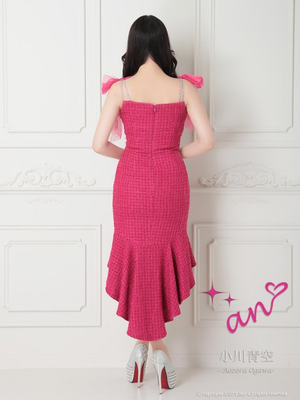 画像5: 【an /アン】マーメイド/ チュール/ ショルダーリボン/ ビジュー/ ツイード/ ランジェリーライク/ ミディアムドレス / キャバドレス[FB03] (5)