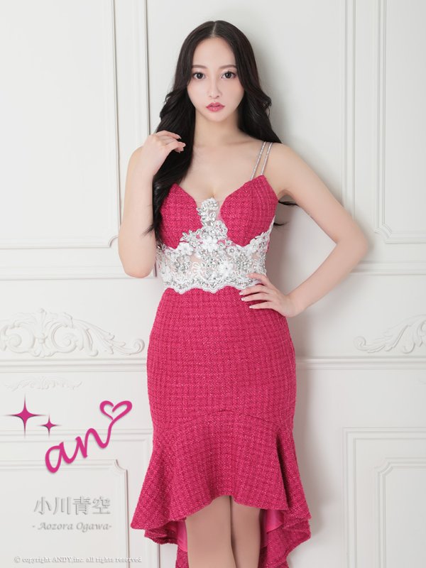 画像2: 【an /アン】マーメイド/ チュール/ ショルダーリボン/ ビジュー/ ツイード/ ランジェリーライク/ ミディアムドレス / キャバドレス[FB03] (2)