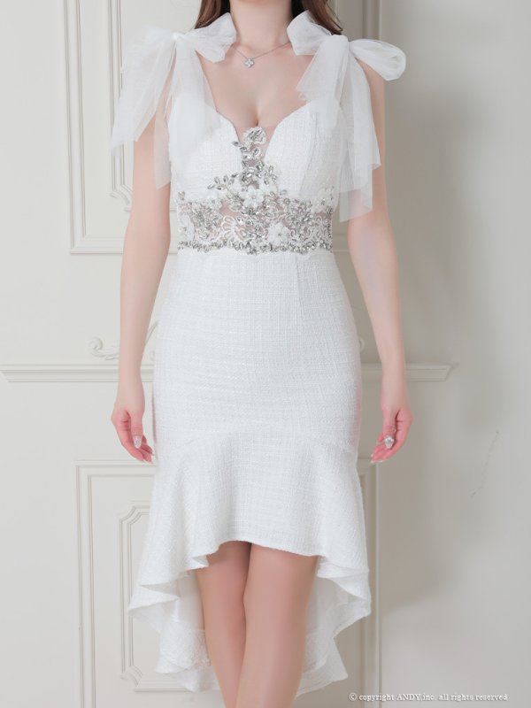 画像16: 【an /アン】マーメイド/ チュール/ ショルダーリボン/ ビジュー/ ツイード/ ランジェリーライク/ ミディアムドレス / キャバドレス[FB03] (16)