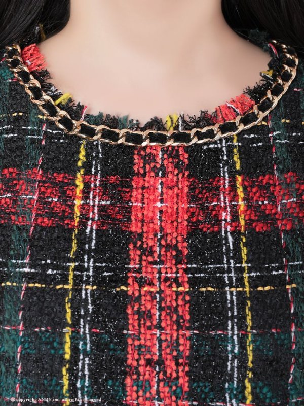画像15: 【an/アン】ツイード/ ネックチェーン/ チェーン縁取り/ フリンジ/ ノースリーブ/ ワンピース/ キャバドレス[OF05] (15)