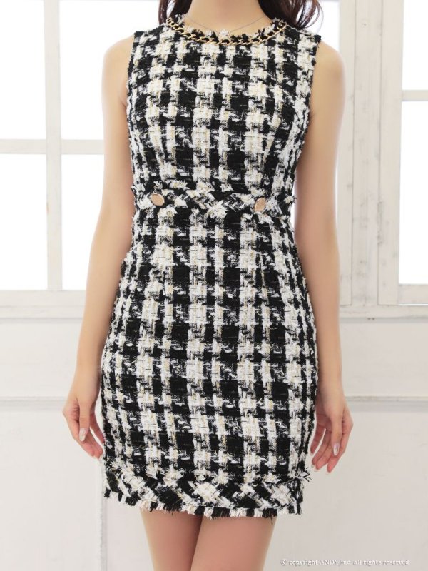 画像22: 【an/アン】ツイード/ ネックチェーン/ チェーン縁取り/ フリンジ/ ノースリーブ/ ワンピース/ キャバドレス[OF05] (22)