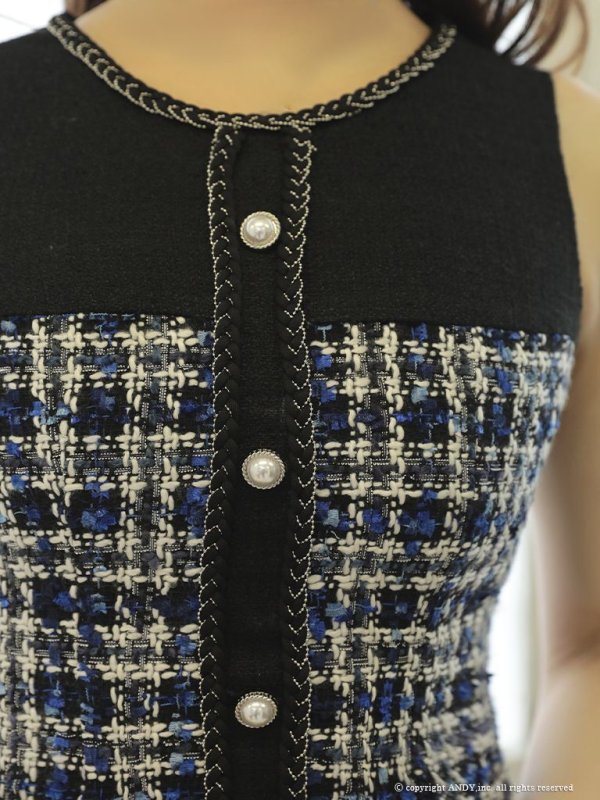 画像6: 【an/アン】ツイード/ 切替/ チェック/パールボタン/ 縁取りデザイン/ ノースリーブ/ フレア/ ワンピース/ ミニドレス/ キャバドレス[OF05] (6)