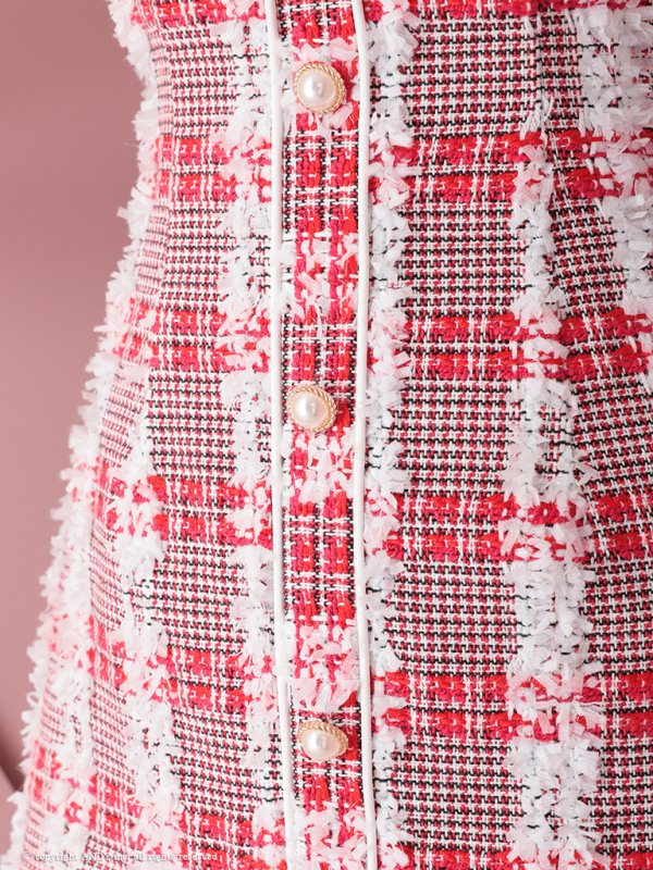 画像7: XSサイズあり【an/アン】ツイードチェック/ ノースリーブ/ 襟付き/ パールボタン/ 裾フリンジ/ Aライン/ ミニドレス/ キャバドレス[OF05] (7)